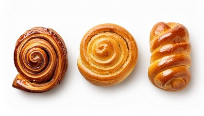 Fototapeta premium three different sweet buns isolated on white from above