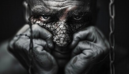 Fototapeta premium Inmate in a prison cell, reflecting on their life, Realism, Cool tones, Photography
