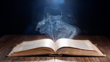 open a mysterious old book on wooden table smoke float up from book