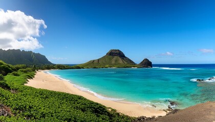 hidden beach with view of the mokes aka na mokulua with turquoise waters on a clear sunny day at lanikai beach on the windward side of oahu hawaii