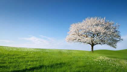 flowering sakura tree cherry blossom single tree on the horizon with white flowers in the spring fresh green meadow with blue sky