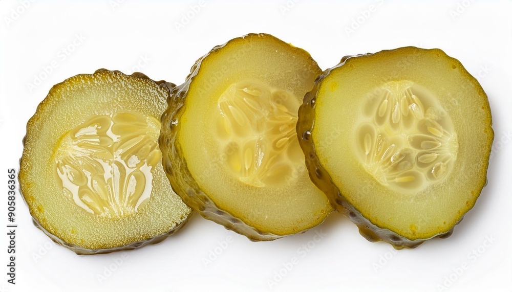 Sticker marinated pickled cucumber slices isolated on white background with full depth of field top view fla