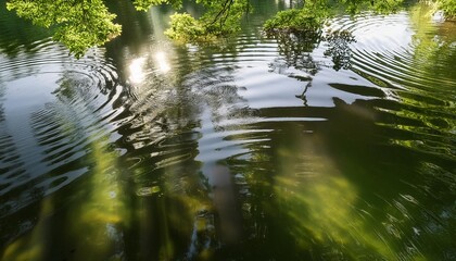 an abstract photograph exploring the interplay of light and shadow on the rippling surface of a tranquil pond creating mesmerizing patterns and reflections