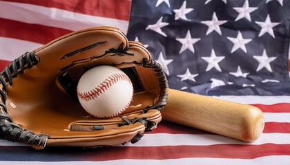 a baseball glove bat and ball on american flag the national pastime