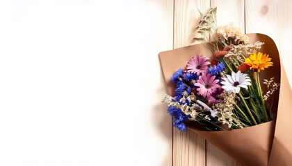 overhead shot of a wildflower bouquet wrapped in brown paper placed on a wooden table