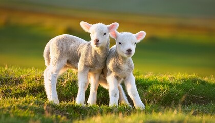 Fototapeta premium two lambs cuddling on the green field