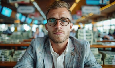 Fototapeta premium Young 30-Year-Old Entrepreneur Traveling for Business Success, Millionaire Ambition Theme