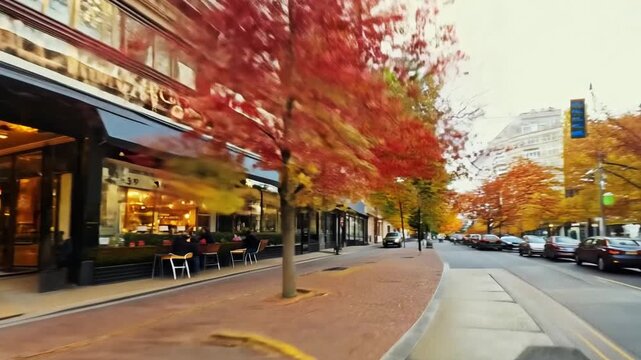 A street lined with vibrant fall foliage, with cars driving down the road and sidewalks bustling with pedestrians.