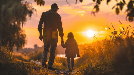 A father and daughter walk hand in hand on a path, silhouetted against a beautiful sunset, symbolizing love and bonding.