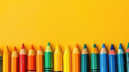 Colorful pencils arranged in row on yellow background