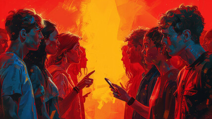 two groups people that looks the same pointing at each other with their mobile phones, arty editorial illustration.generative ai
