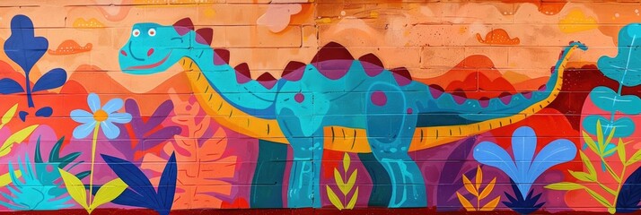 Illustration of a dinosaur mural by kids