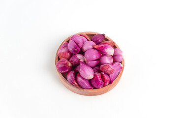 red onion in wooden container isolated white background. Perfect for recipes, articles or any cooking content.
