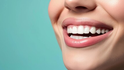 Obraz premium Close-up of person smiling with clean, white teeth against blue background