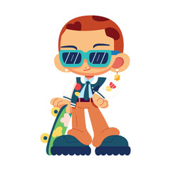 Vector Retro Cartoon Boy With Skateboard Y2k Style Illustration Isolated