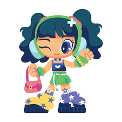 Vector Retro Cartoon Girl With Headphones Character Y2k Style Illustration Isolated