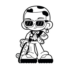 Vector Retro Cartoon Boy With Skateboard Y2k Style Illustration Isolated