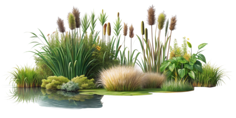 Floral Design Elements: Marsh Bush and Cattail Shrub on Transparent Background for Nature Themes