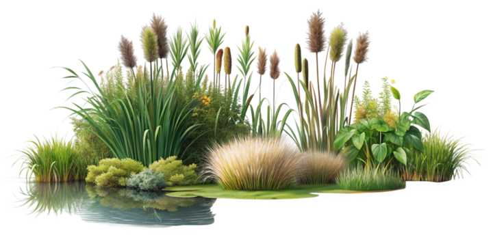 Floral Design Elements: Marsh Bush and Cattail Shrub on Transparent Background for Nature Themes