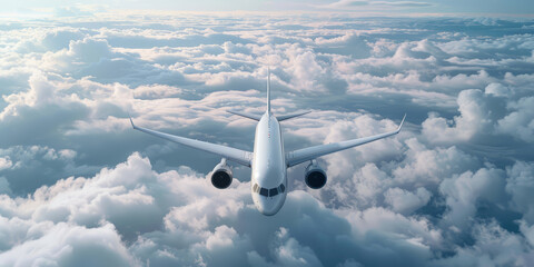 Commercial airplane jetliner flying above the  clouds in beautiful sunny day. Travel concept.