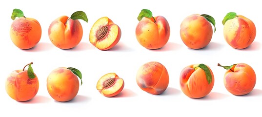 Different peaches on a white background, showing various angles and positions.