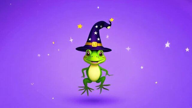 Beaming Frog in Wizard Hat Hopping on Violet Background Generative AI