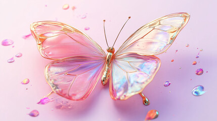 Fototapeta premium A mesmerizing 3D glass golden and fuchsia butterfly on light pink background
