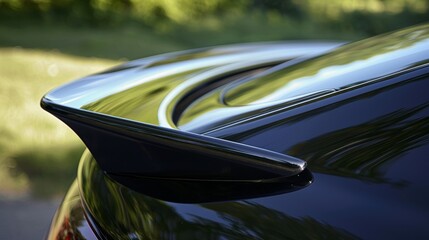 The closeup shot of a rear spoiler made from lightweight fiberglass highlights its smooth and shiny surface perfect for reducing drag and increasing speed.