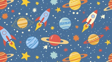 Colorful space seamless pattern with planets and rockets.
