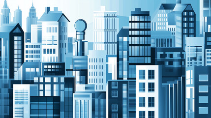 Obraz premium Modern Cityscape Illustration With Blue Tones Featuring Various Buildings And Skyscrapers In An Urban Setting