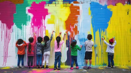Naklejka premium Children painting colorful mural on brick wall.