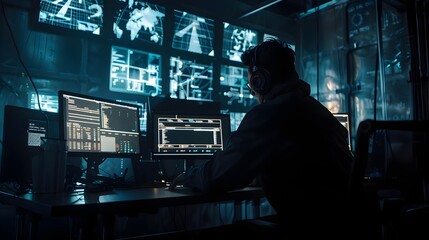 Cybersecurity Analyst Monitoring Network Data in Control Room