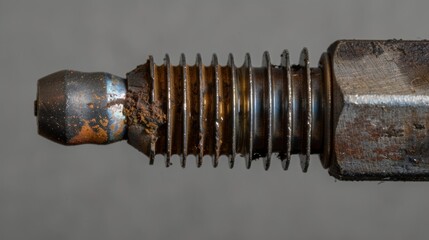 A front view of a spark plug with the electrode and insulator clearly visible. The edges of the insulator are jagged indicating frequent use and wear.