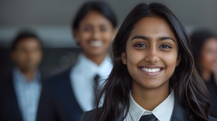 Smiling Female Business Executive in Formal Attire in Office Setting