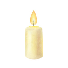 Yellow wax candle with burning flame on isolated background. Hand drawn watercolor illustration. Clip art for design, cards, labels, invitations, congratulations, packaging, printing, advertising,