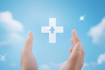 Hands reaching towards a glowing medical cross symbolizing healthcare hope and the importance of support in a calm light-filled environment.