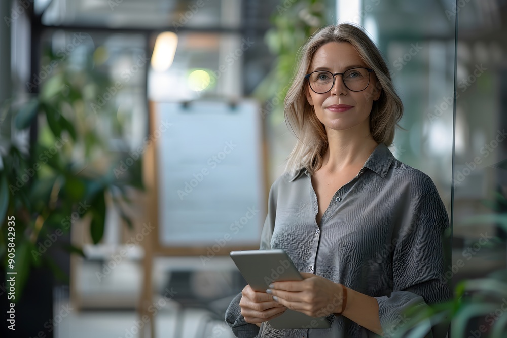 Wall mural pretty woman in modern office thinking with Pad and glasses.