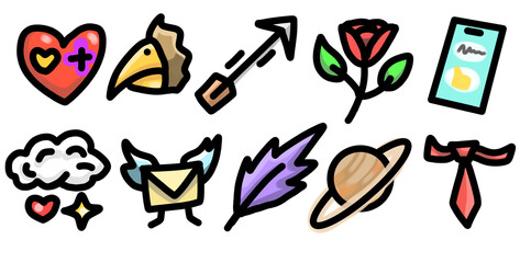 cartoon style illustrations with bright colors. a variety of simple icons that can represent...