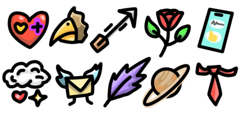 cartoon style illustrations with bright colors. a variety of simple icons that can represent various themes such as love, nature, technology, communication, space exploration, and business attire