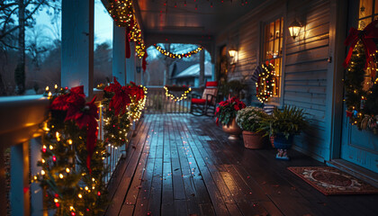 side view of a porch decorated with christmas decorations and lights. porch of an american home. The location is an American dining room, holiday party, night scene, generative ai