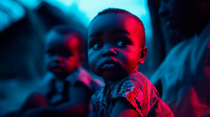 Close-up of beautiful African babies sitting in an ancient village. African babies under cinematic magic hour lighting.