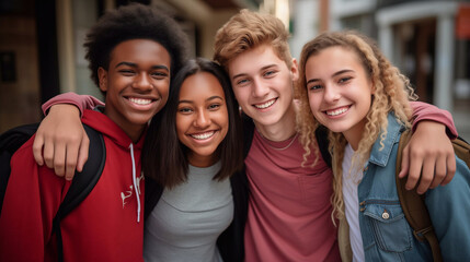 Fototapeta premium diverse group of happy high school students friends hugging outdoors. Generative ai