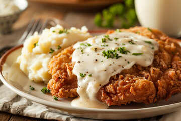 Delicious chicken fried steak with creamy gravy and mashed potatoes on the side