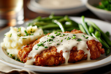 Golden brown chicken fried steak with creamy gravy served on a white plate with mashed potatoes and green beans on the side