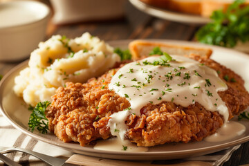 Plate of chicken fried steak with creamy gravy and mashed potatoes on the side