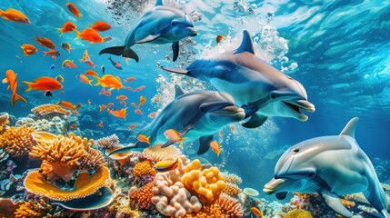 Obraz premium Playful dolphins swimming near coral reef.