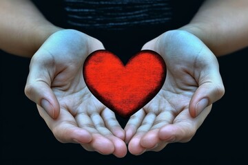 Obraz premium Hands holding a small red heart symbolizing love care and the warmth of human connection in a close intimate setting.