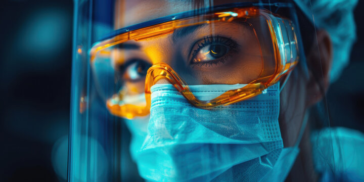Close-up of a healthcare worker wearing a mask, protective goggles, and face shield, focused on her work.