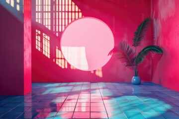 A cozy pink room with a round window and a potted plant, ideal for home decor or design inspiration