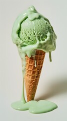 Green Ice Cream Melting and Spilling from Cone

